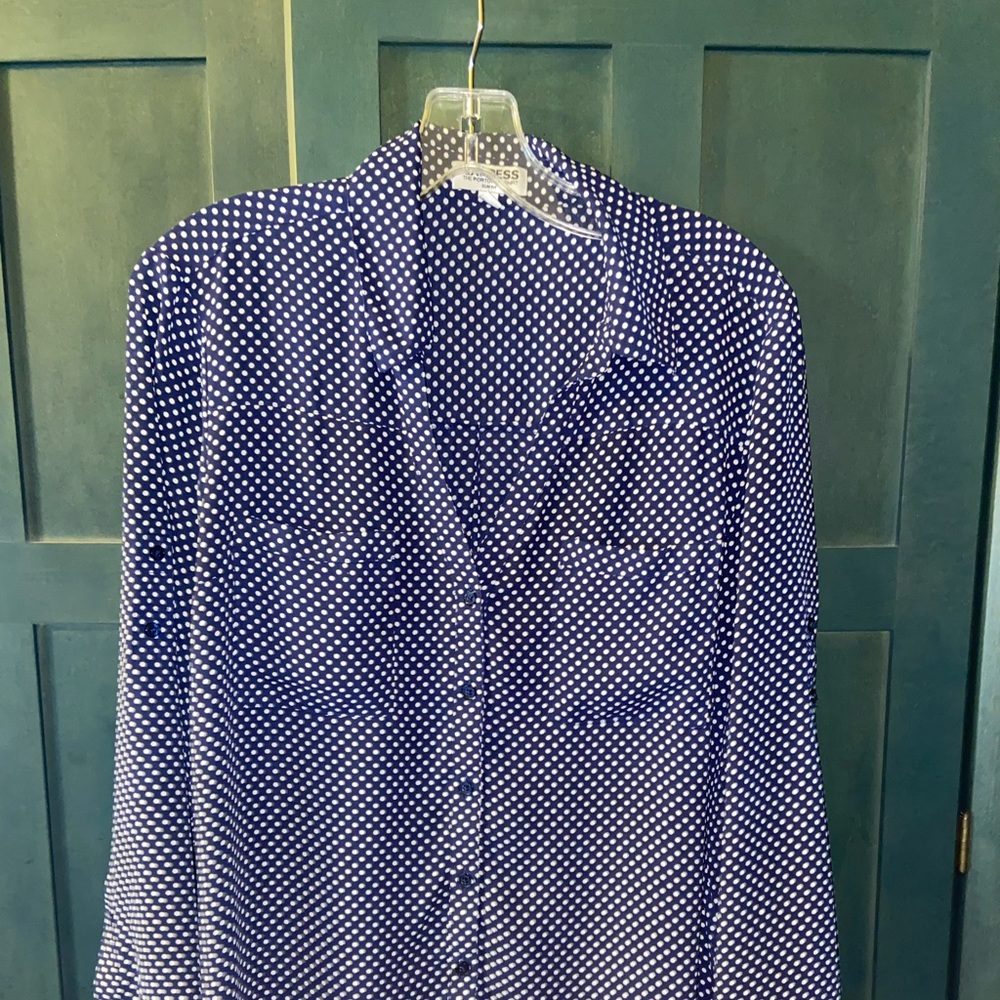 Express blue polkadot Portofino shirt.
